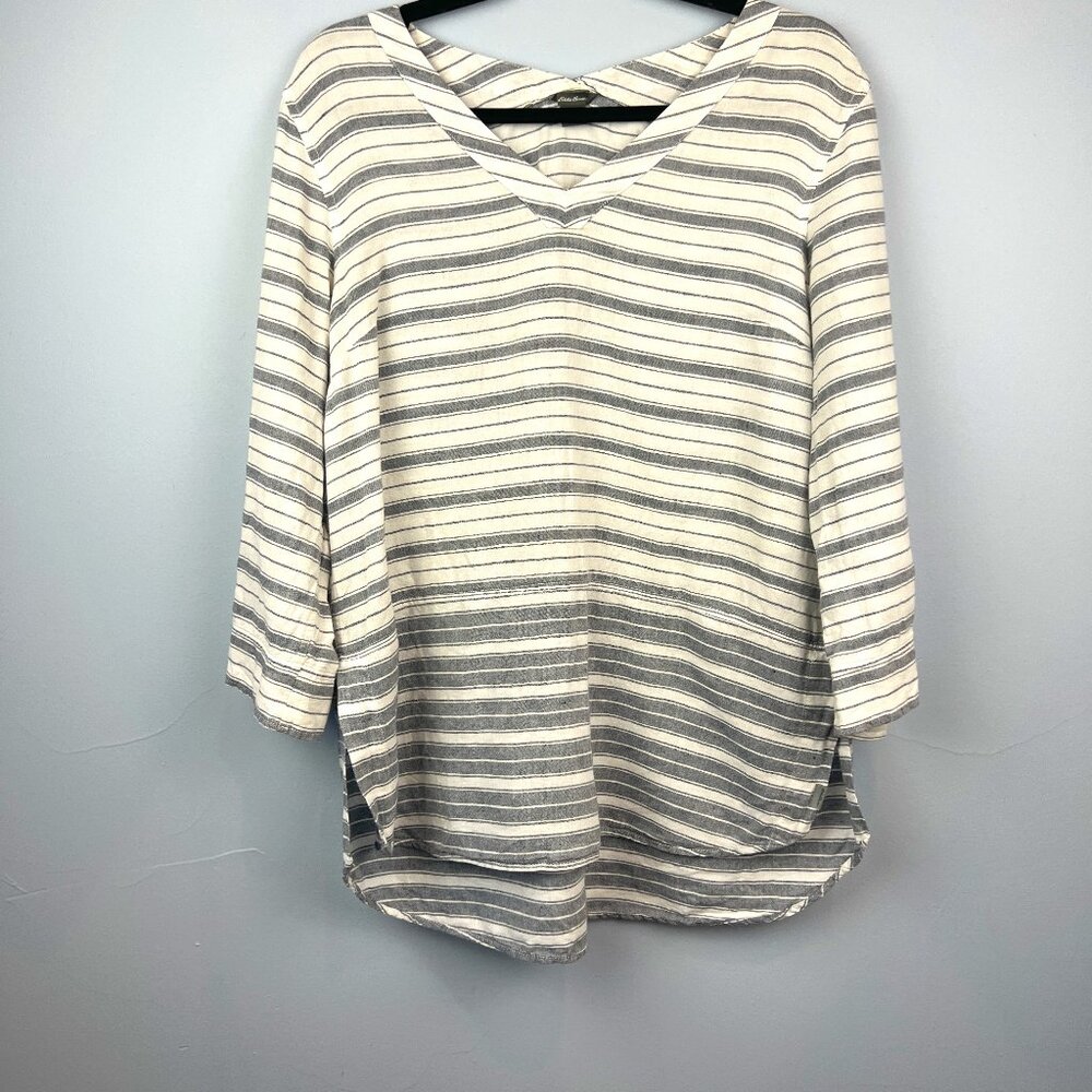Eddie Bauer Nautical Blue and White Striped Linen Pullover Top‎ Size M Nautical